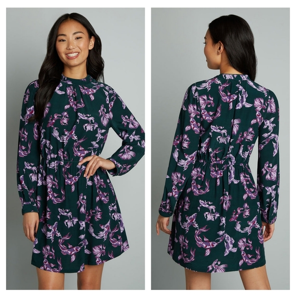 Modcloth Elegant Long Sleeve Dress in Stunning Green and Purple Koi Fish Pattern - Picture 1 of 7